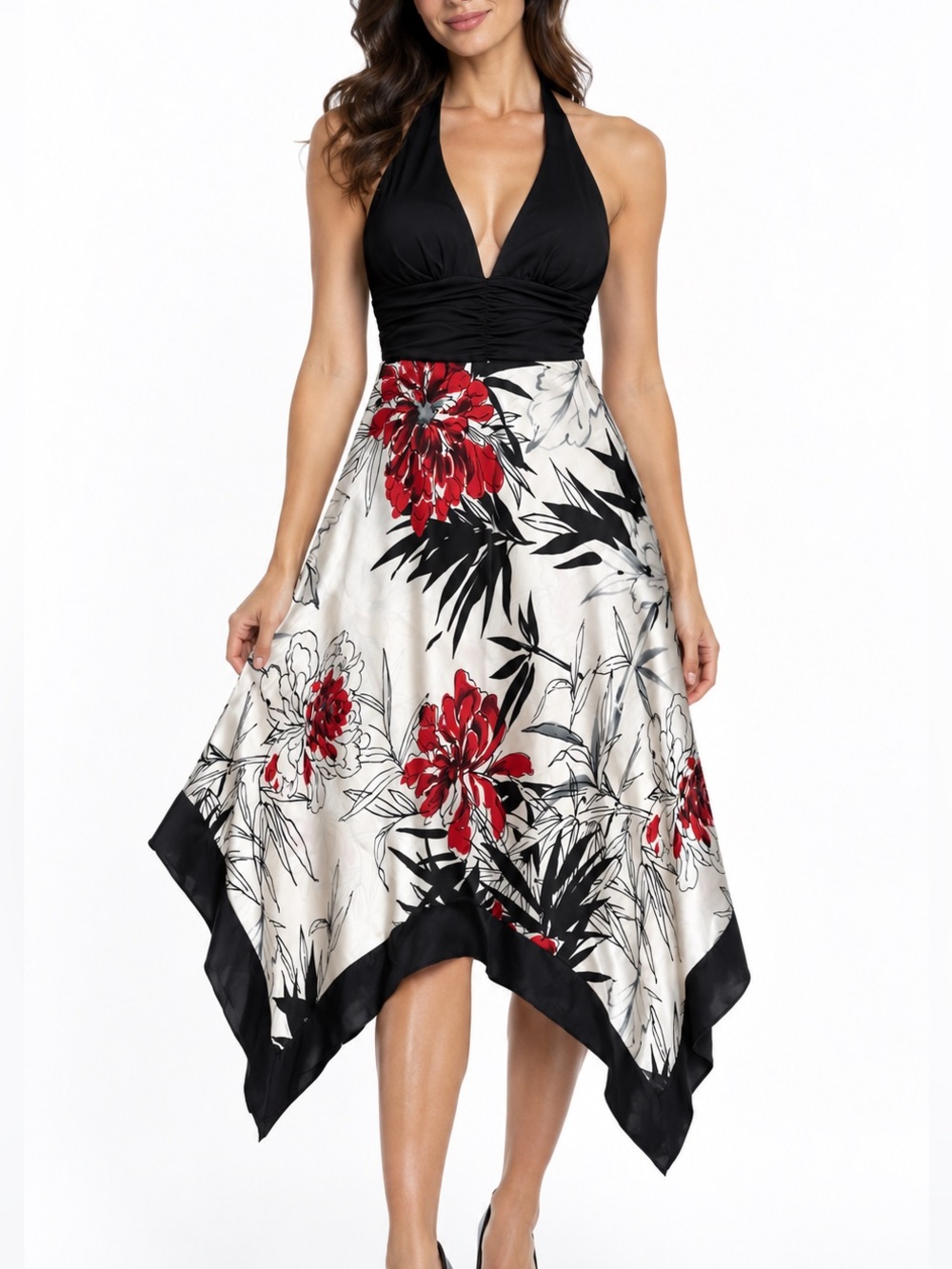 Speechless Y2K Halter Dress S Black Red Floral Satin Handkerchief Hem Pinup